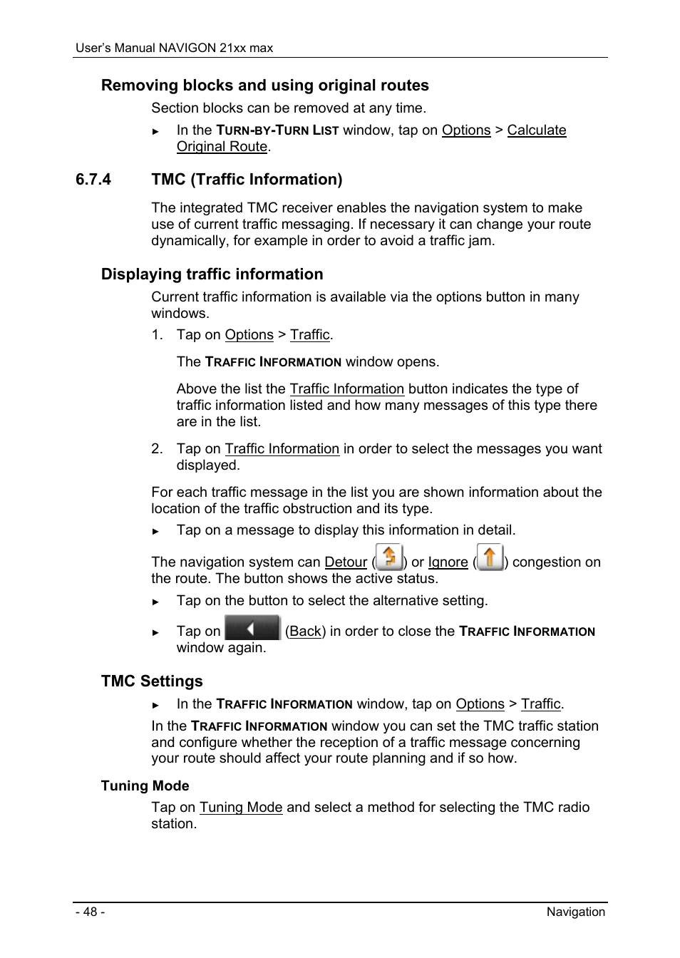 4 tmc (traffic information), Useful functions, Emergency services | Tmc (traffic information), Removing blocks and using original routes, Displaying traffic information, Tmc settings | Navigon 21xx max User Manual | Page 48 / 66