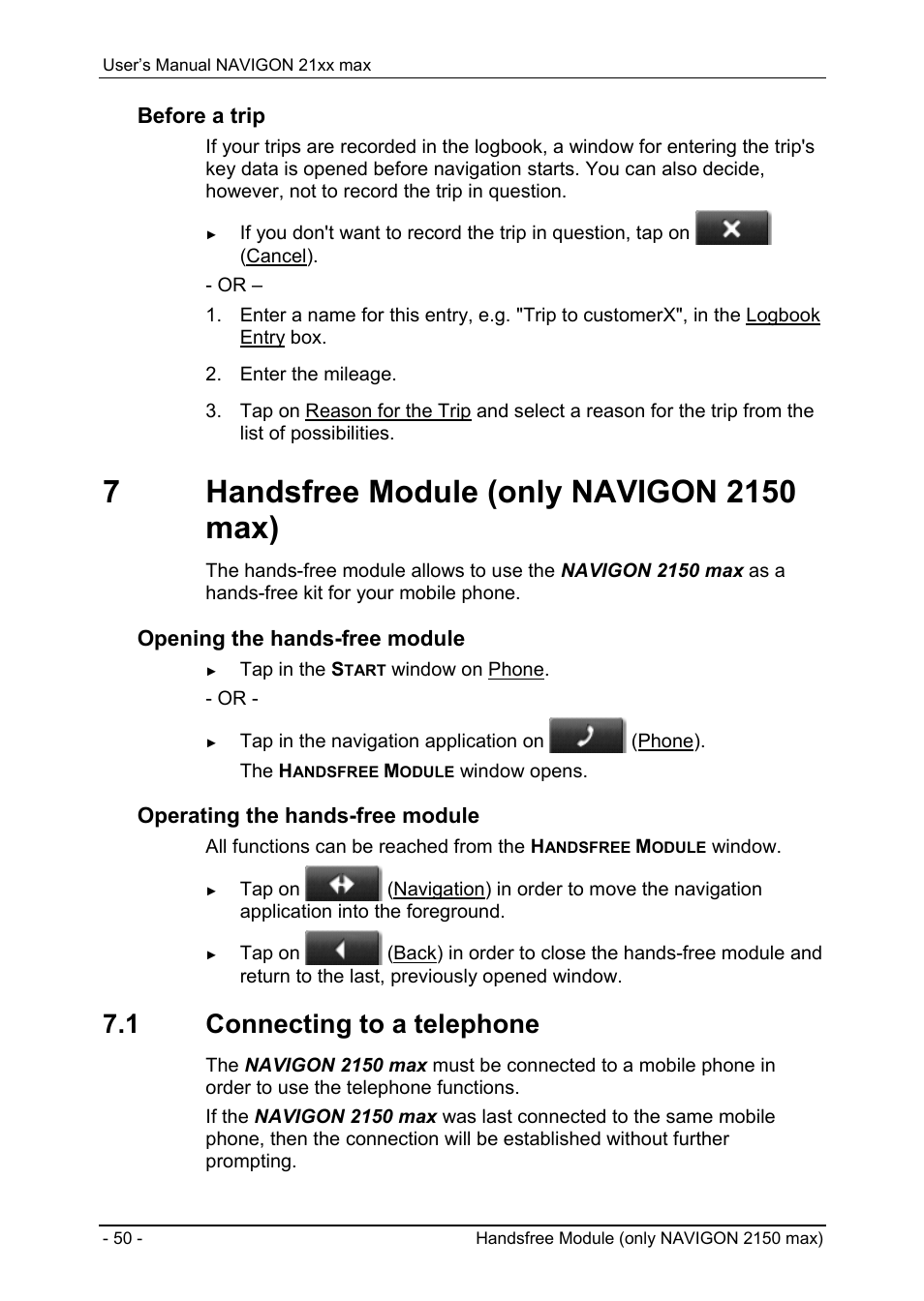 7 handsfree module (only navigon 2150 max), 1 connecting to a telephone, Tmc (traffic information) | Age 50 | Navigon 21xx max User Manual | Page 50 / 66