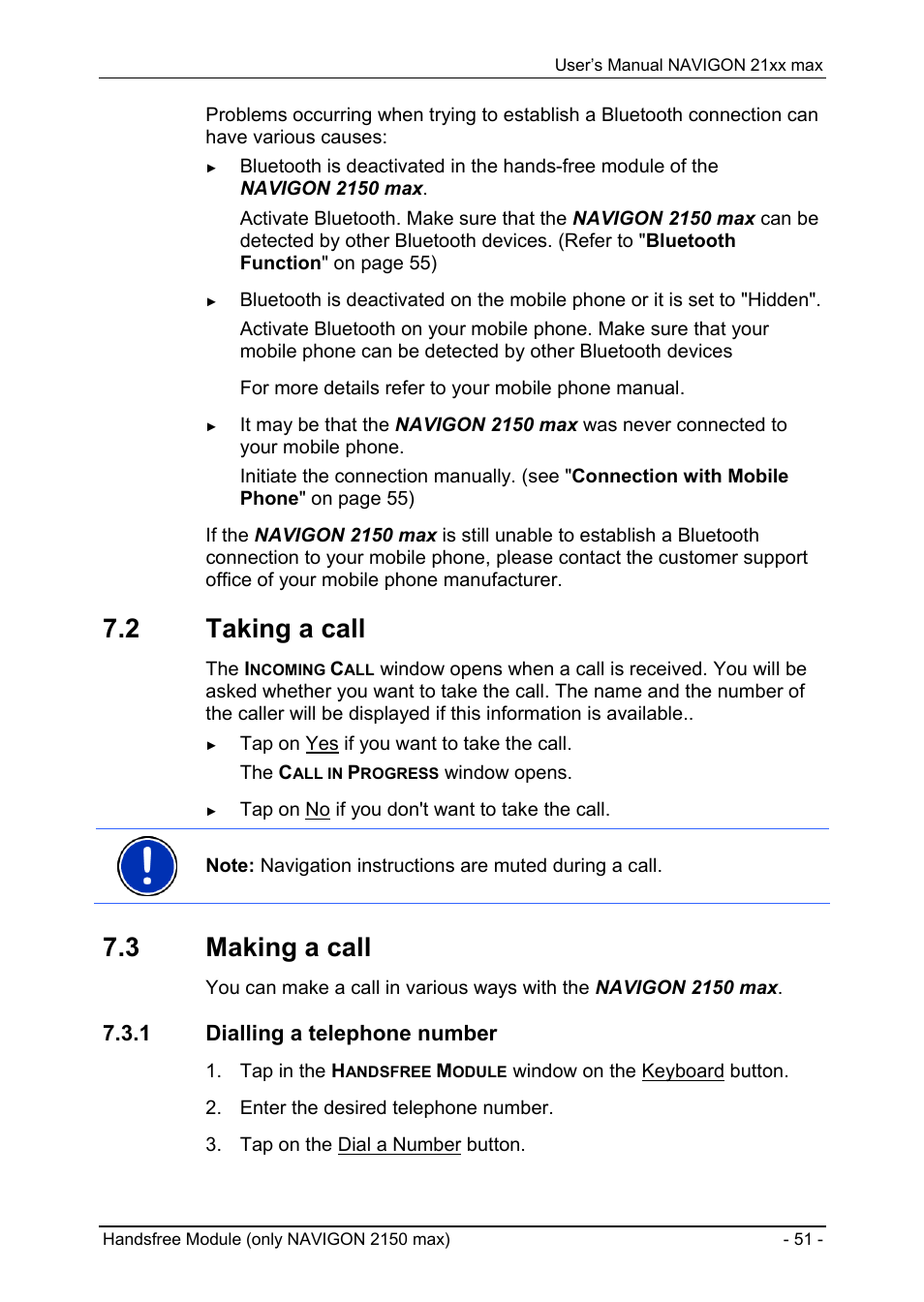 2 taking a call, 3 making a call, 1 dialling a telephone number | Navigon 21xx max User Manual | Page 51 / 66