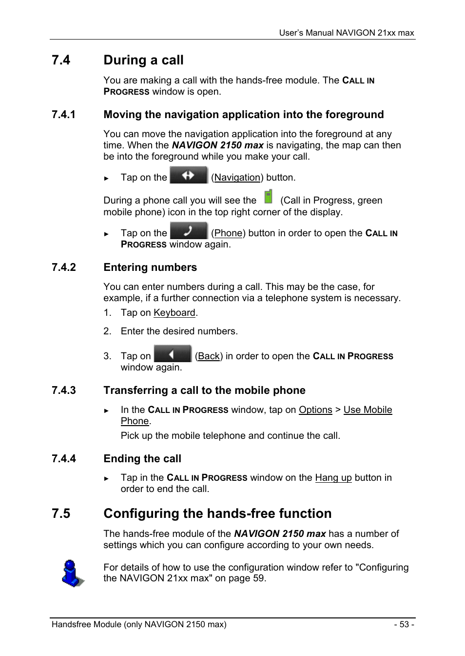 4 during a call, 2 entering numbers, 3 transferring a call to the mobile phone | 4 ending the call, 5 configuring the hands-free function, Handsfree module (only navigon 2150 max), Connecting to a telephone | Navigon 21xx max User Manual | Page 53 / 66