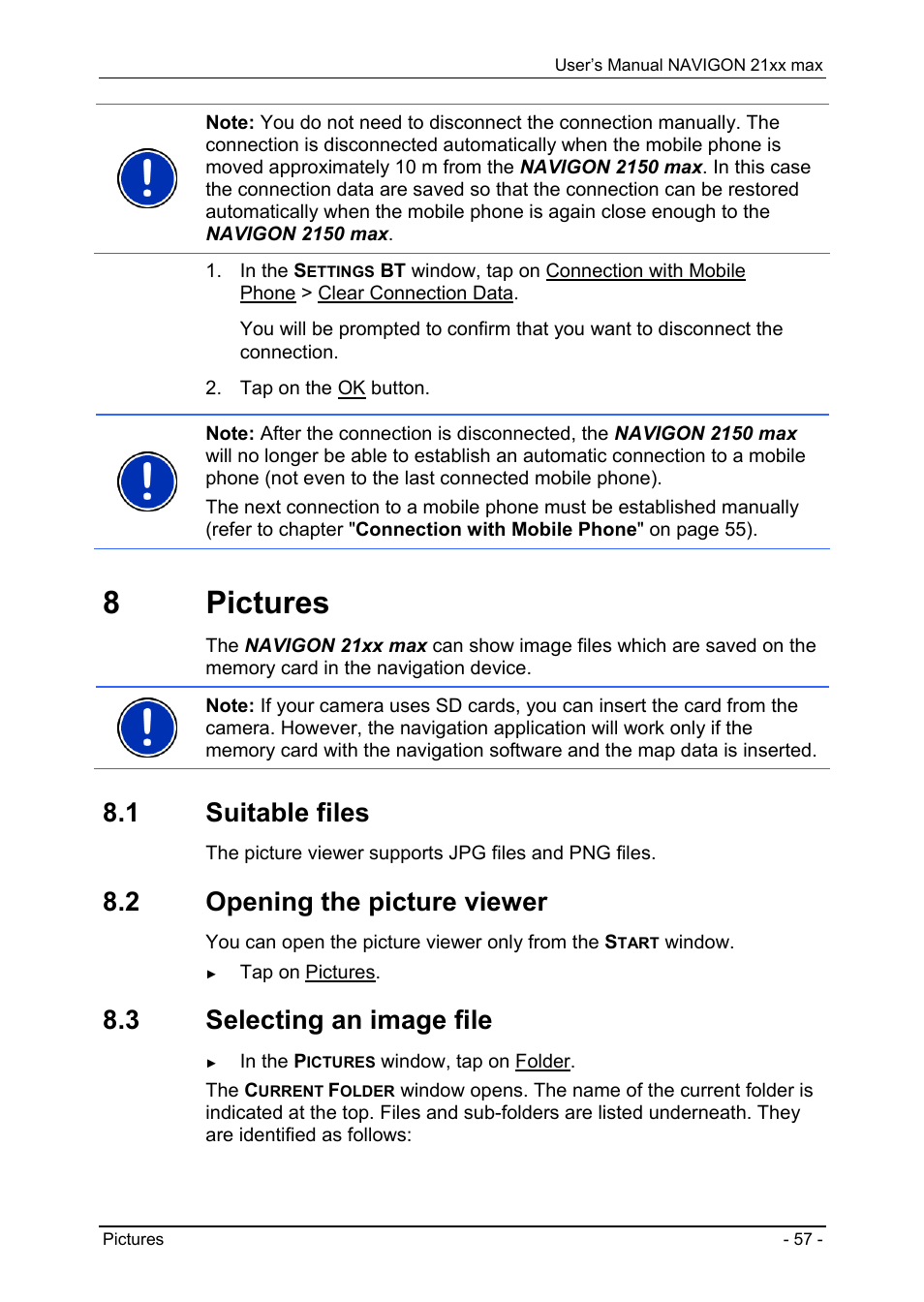 8 pictures, 1 suitable files, 2 opening the picture viewer | 3 selecting an image file, Transferring a call to the mobile phone, Ending the call, Configuring the hands-free function, Preset | Navigon 21xx max User Manual | Page 57 / 66