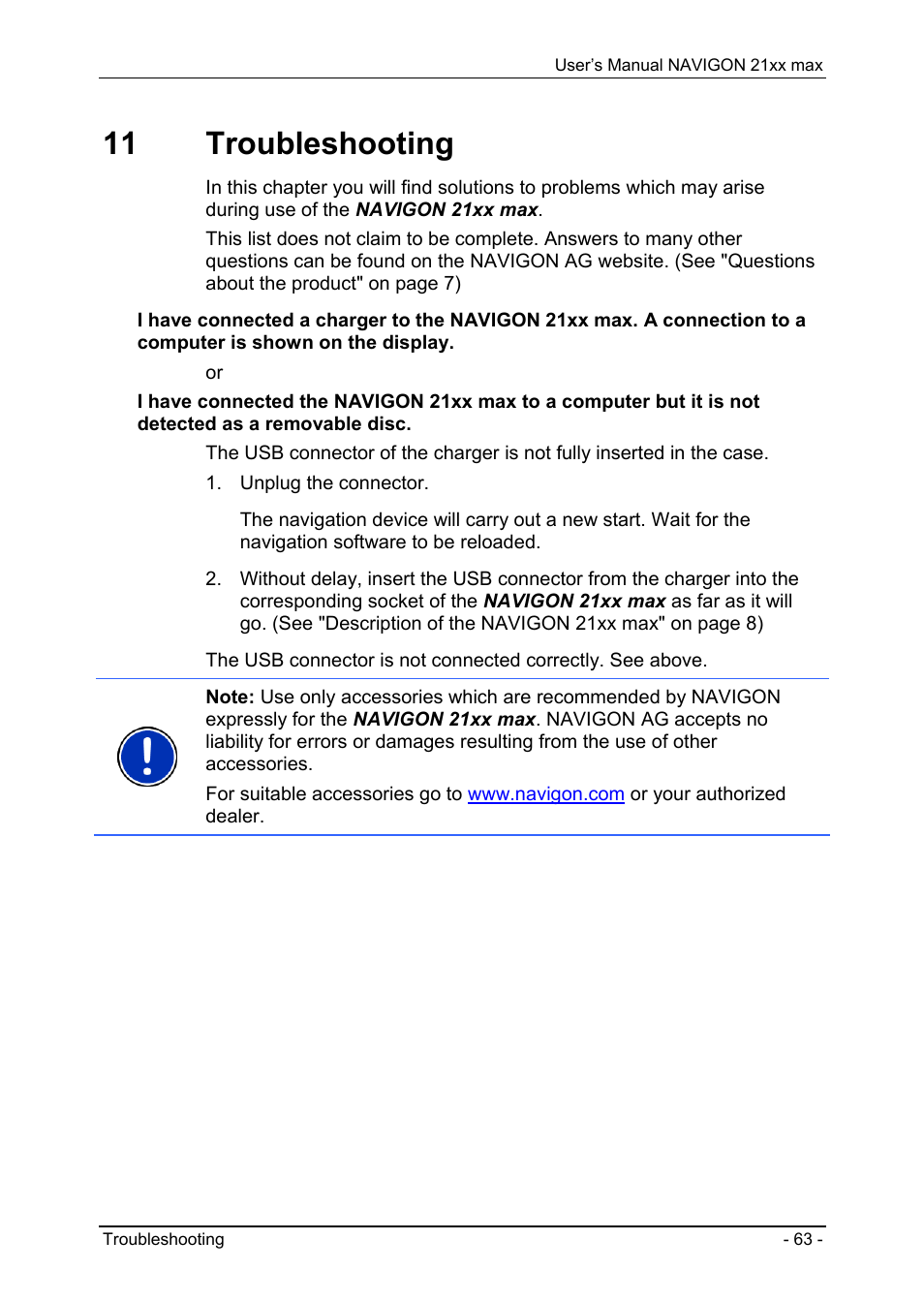 11 troubleshooting, Configuring the navigon 21xx max | Navigon 21xx max User Manual | Page 63 / 66