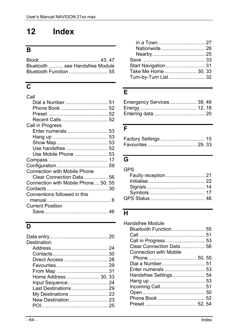 12 index | Navigon 21xx max User Manual | Page 64 / 66