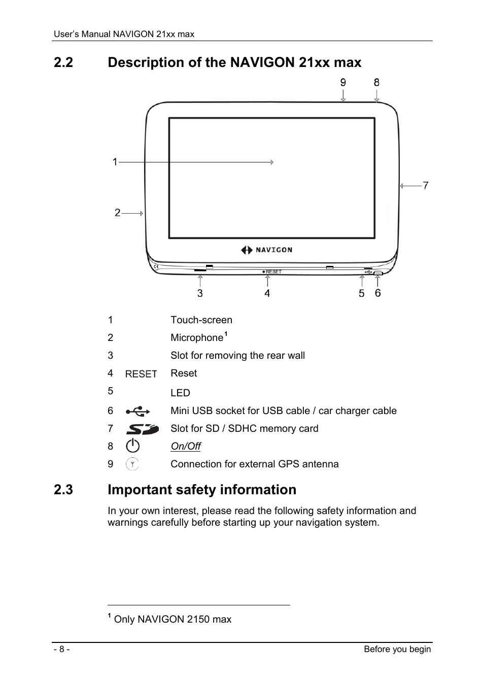2 description of the navigon 21xx max, 3 important safety information, Description of the navigon 21xx max | Important safety information | Navigon 21xx max User Manual | Page 8 / 66