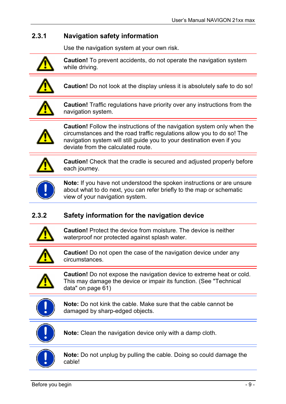 1 navigation safety information, 2 safety information for the navigation device, Navigation safety information | Safety information for the navigation device | Navigon 21xx max User Manual | Page 9 / 66