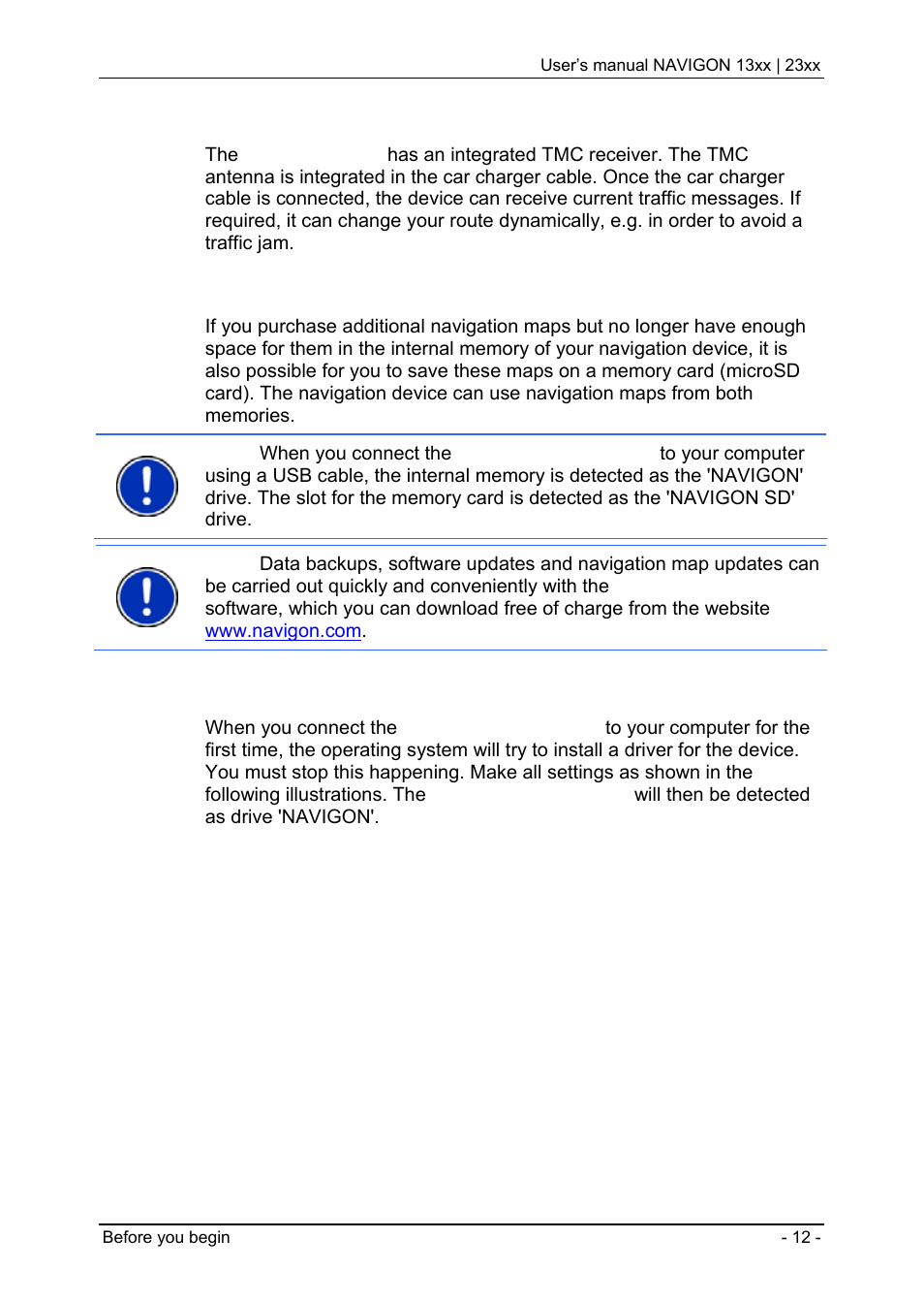 2 tmc antenna (only navigon 23xx), 3 memory card, 4 connecting the navigation device to a pc | Tmc antenna (only navigon 23xx), Memory card, Connecting the navigation device to a pc | Navigon 13xx User Manual | Page 12 / 67
