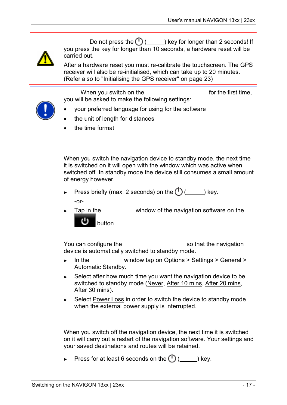Switching the navigation device to standby mode, Switching off the navigation device | Navigon 13xx User Manual | Page 17 / 67