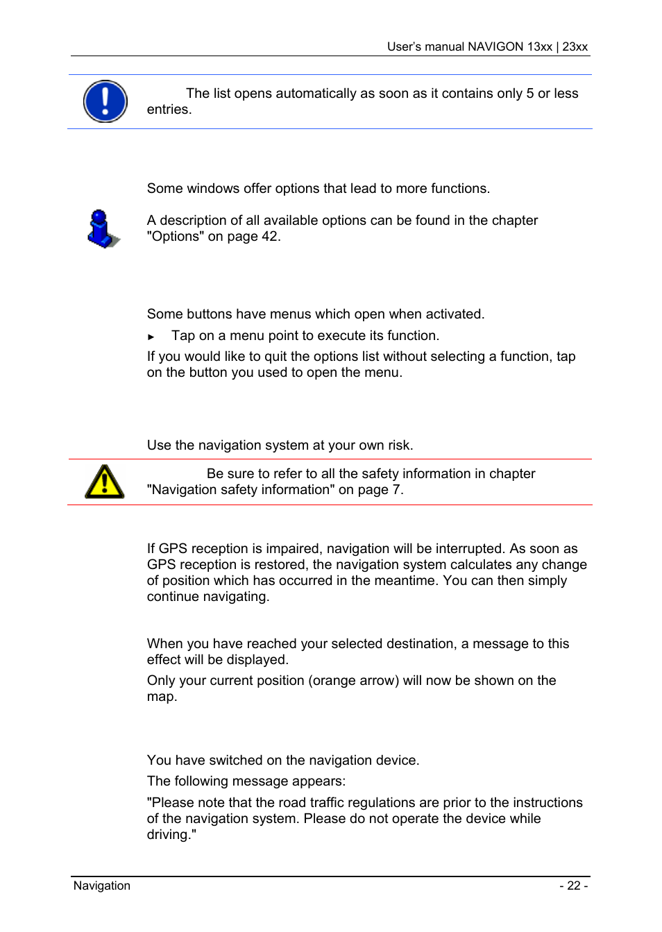 3 options, 4 menus, 5 navigation | 1 starting the navigation application, Options, Menus, Navigation, Starting the navigation application, 5navigation | Navigon 13xx User Manual | Page 22 / 67