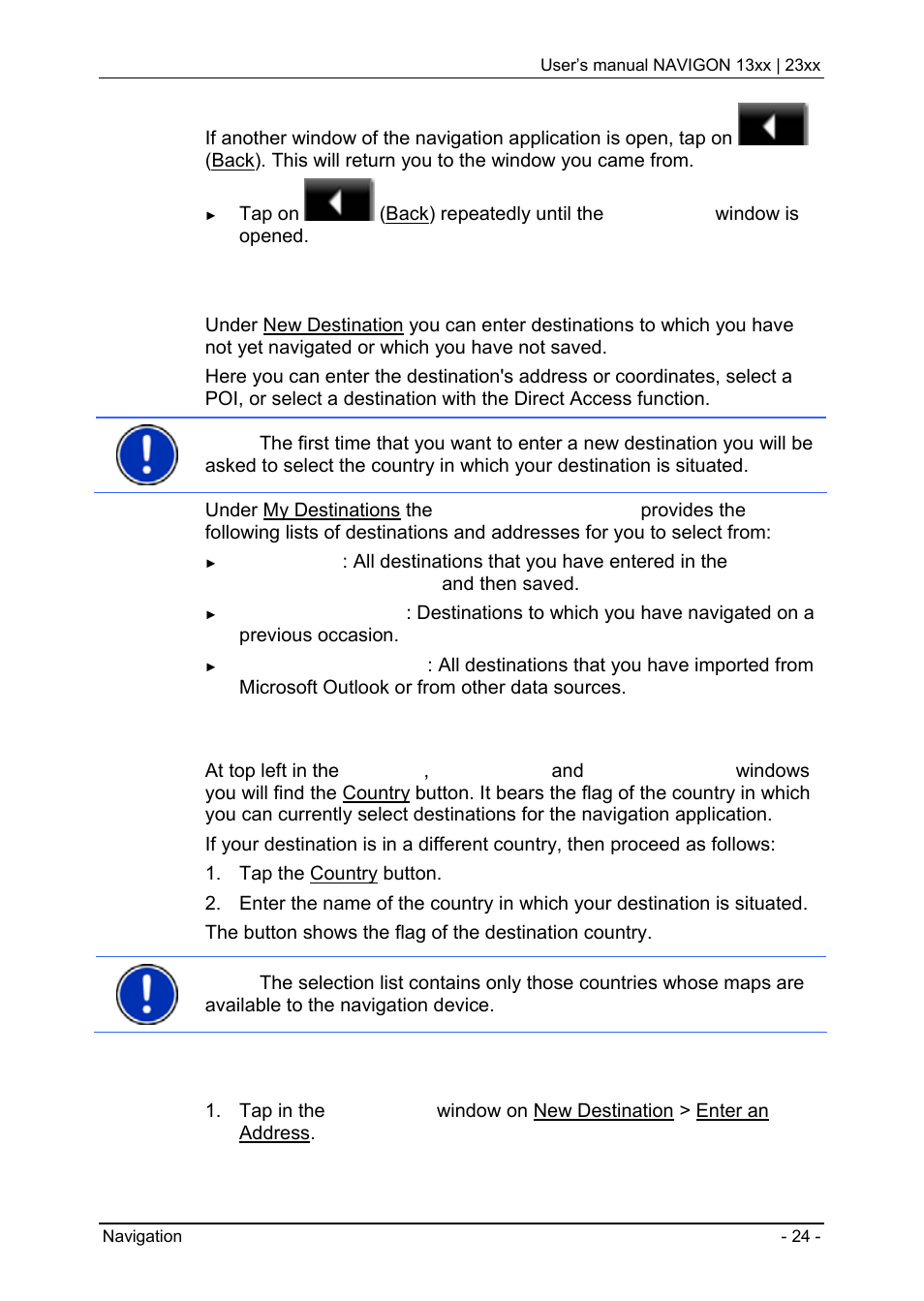 2 specifying a destination, 2 entering a destination address, Specifying a destination | Entering a destination address | Navigon 13xx User Manual | Page 24 / 67