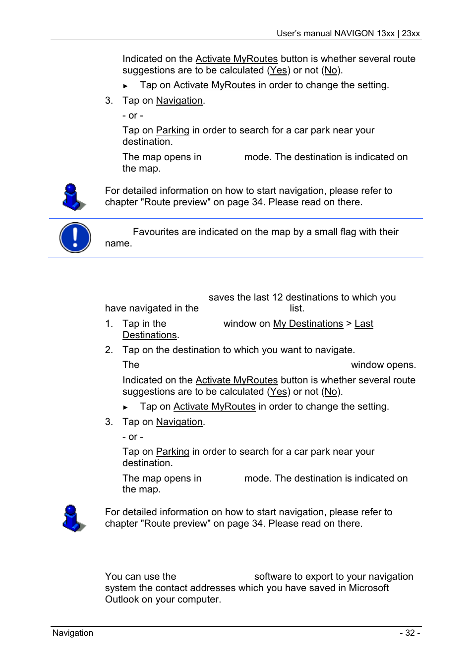 7 last destinations, 8 imported addresses, Last destinations | Imported addresses | Navigon 13xx User Manual | Page 32 / 67