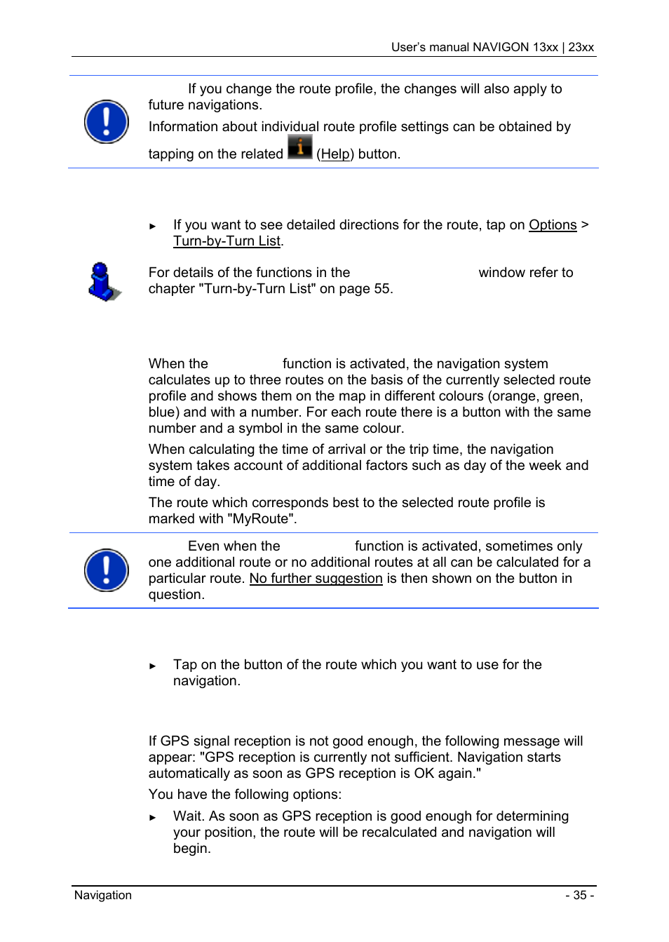 Turn-by-turn list, Myroutes, Navigation | No gps reception | Navigon 13xx User Manual | Page 35 / 67