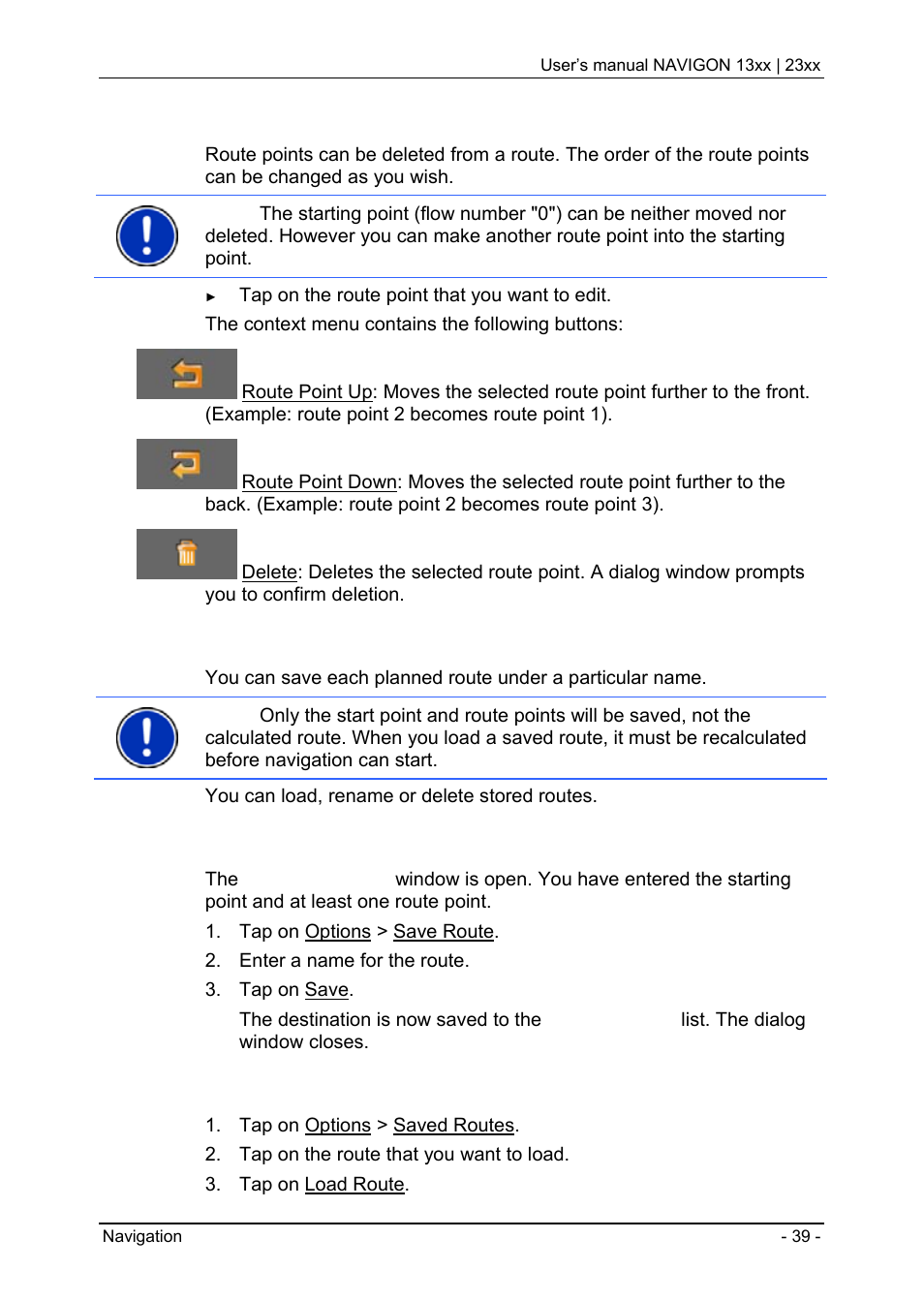 3 editing route points, 4 managing routes, Editing route points | Managing routes, Saving routes, Loading routes | Navigon 13xx User Manual | Page 39 / 67