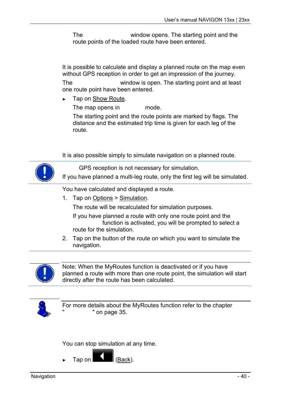 5 calculating and displaying routes, 6 simulating routes, Calculating and displaying routes | Simulating routes, Stopping simulation | Navigon 13xx User Manual | Page 40 / 67
