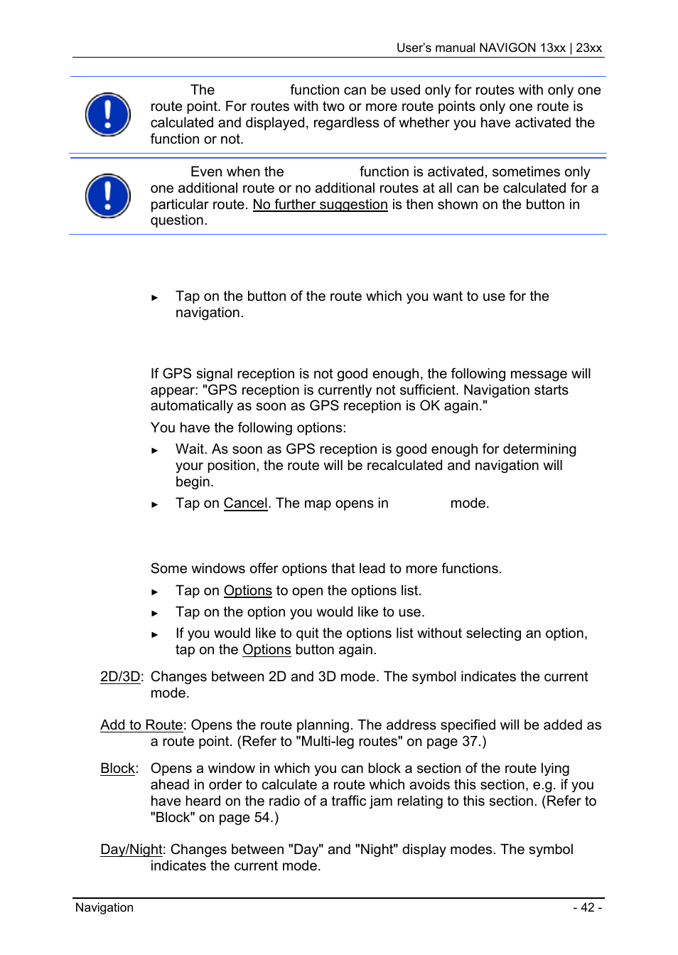 5 options, Options, Options" on | Navigation, No gps reception | Navigon 13xx User Manual | Page 42 / 67