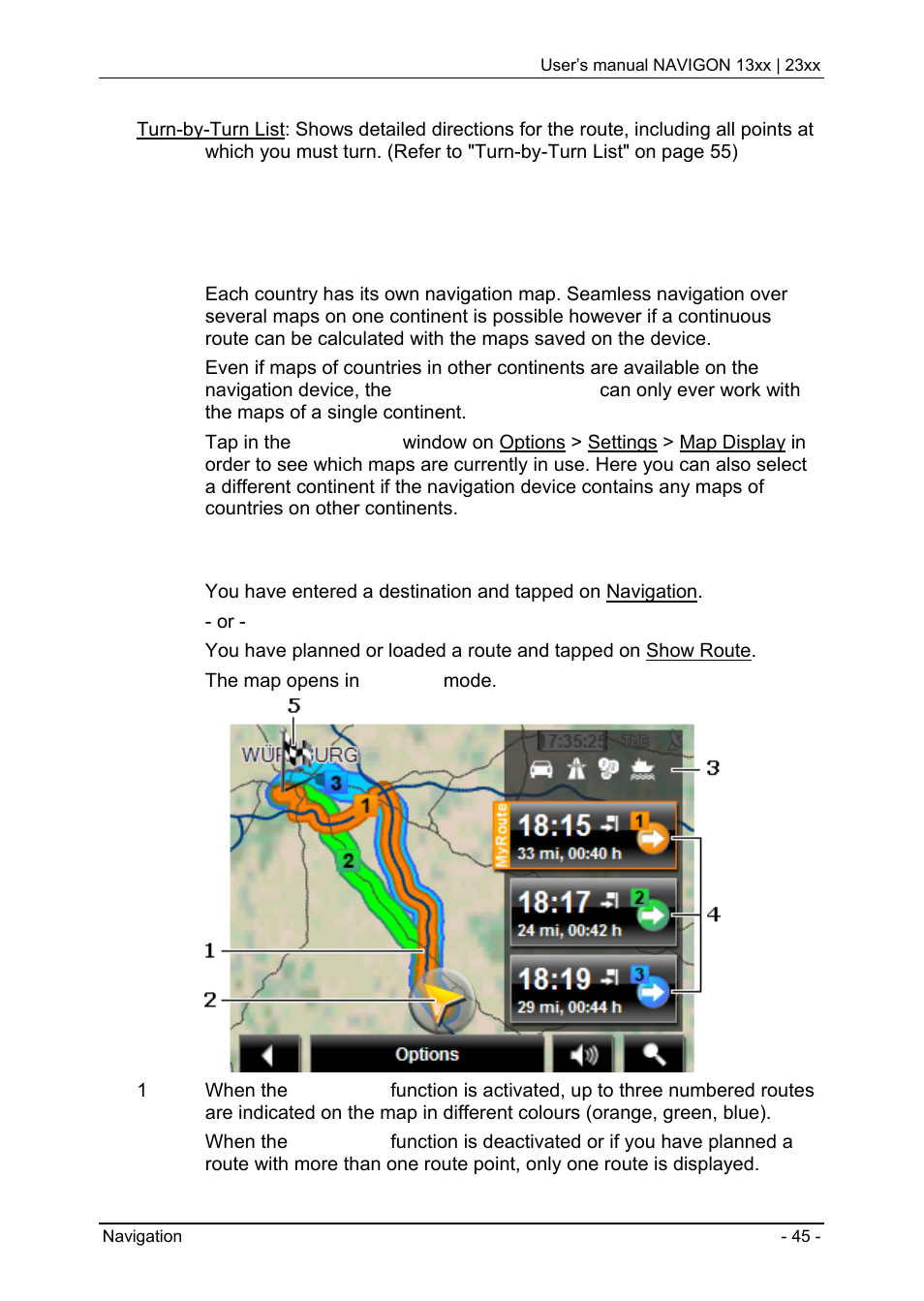 6 working with the map, 1 selecting the navigation map, 2 map in preview mode | Working with the map, Selecting the navigation map, Map in preview mode, E chapter "map in preview mode | Navigon 13xx User Manual | Page 45 / 67