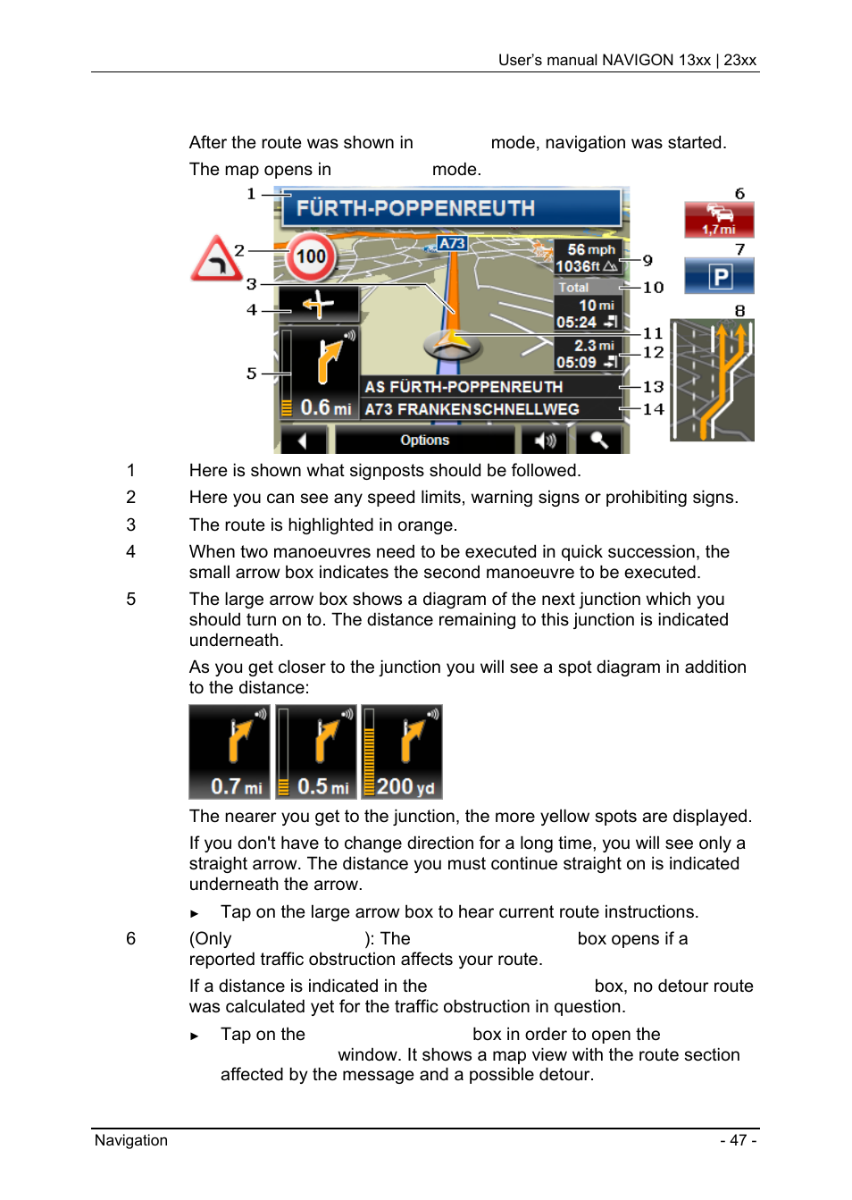 3 map in navigation mode, Map in navigation mode | Navigon 13xx User Manual | Page 47 / 67
