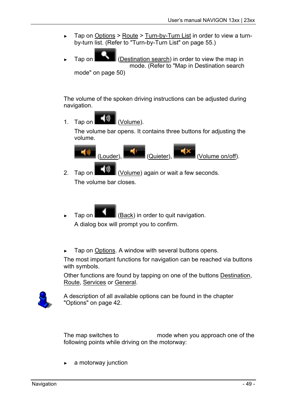 4 reality view, Reality view, Map options in navigation mode" on p | Ge 49), Volume, Quitting navigation, Map options in navigation mode | Navigon 13xx User Manual | Page 49 / 67