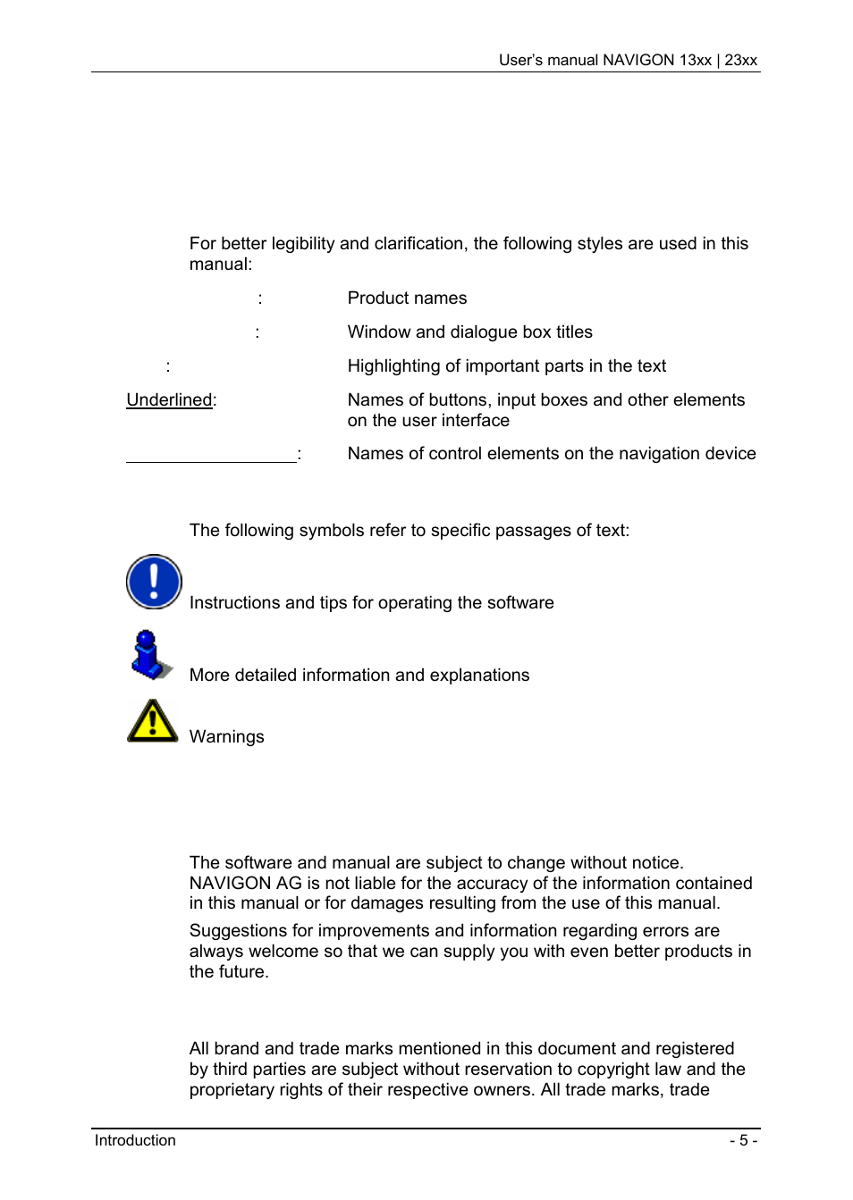 1 introduction, 1 about this manual, 1 conventions | 2 symbols, 2 legal notice, 1 liability, 2 trade marks, Introduction, About this manual, Conventions | Navigon 13xx User Manual | Page 5 / 67
