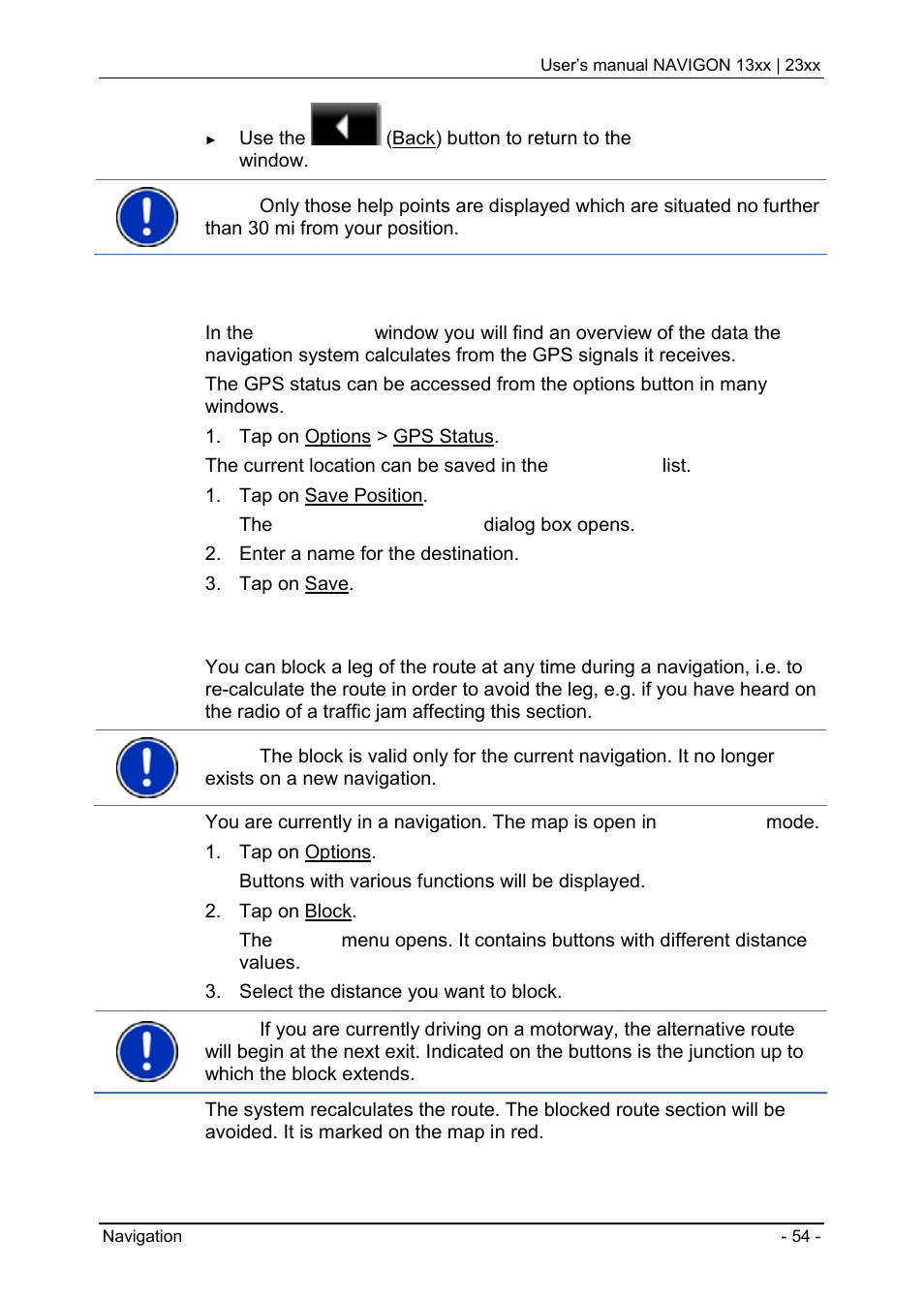 3 gps status, saving the current location, 4 block, Gps status, saving the current location | Block, Gps status, saving the current location" on | Navigon 13xx User Manual | Page 54 / 67