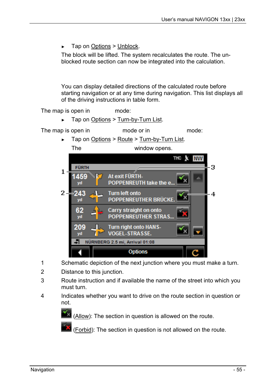 5 turn-by-turn list, Turn-by-turn list | Navigon 13xx User Manual | Page 55 / 67