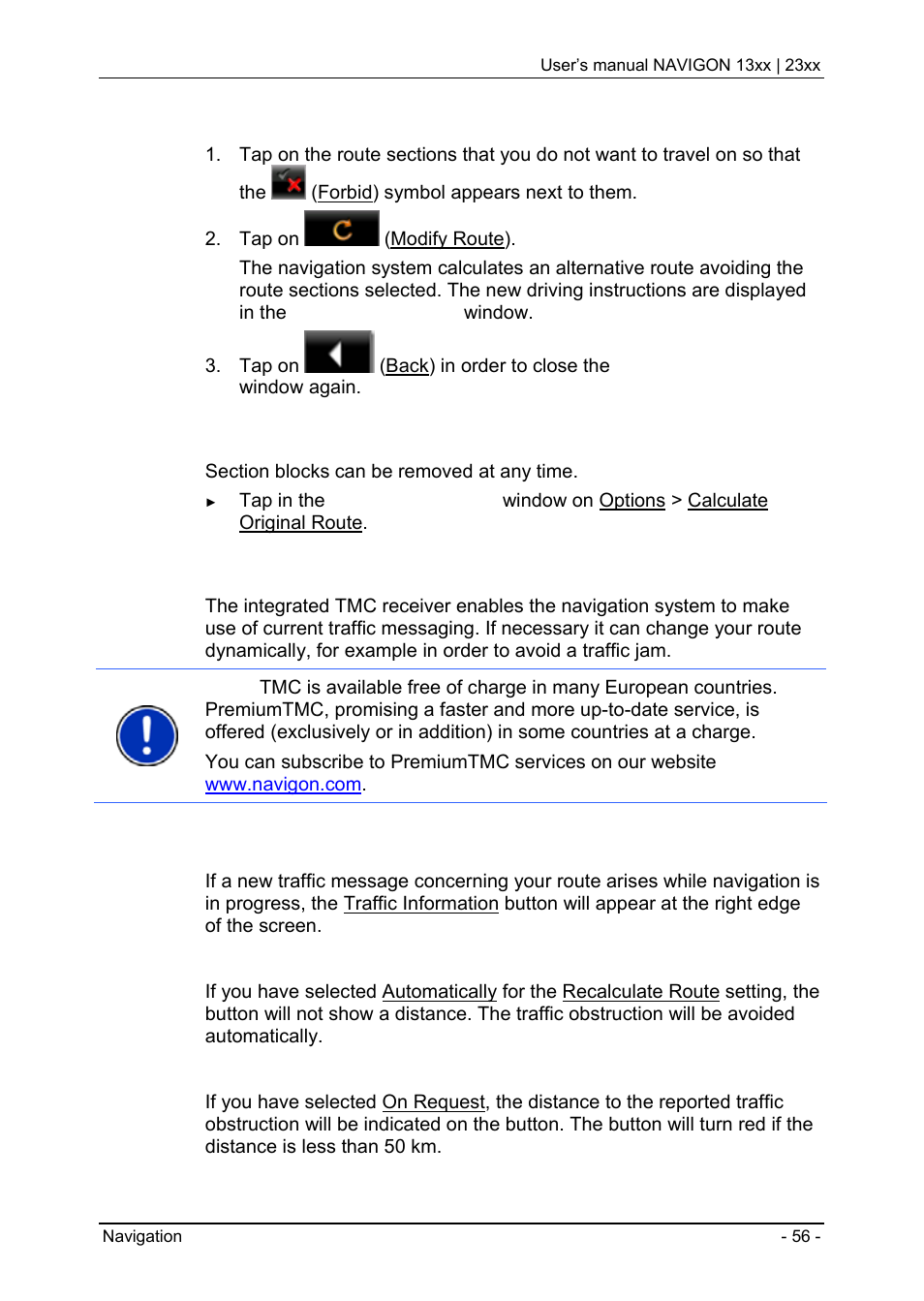 6 tmc (traffic information) (only navigon 23xx), Tmc (traffic information) (only navigon 23xx), Removing blocks and using original routes | Preview tmc | Navigon 13xx User Manual | Page 56 / 67