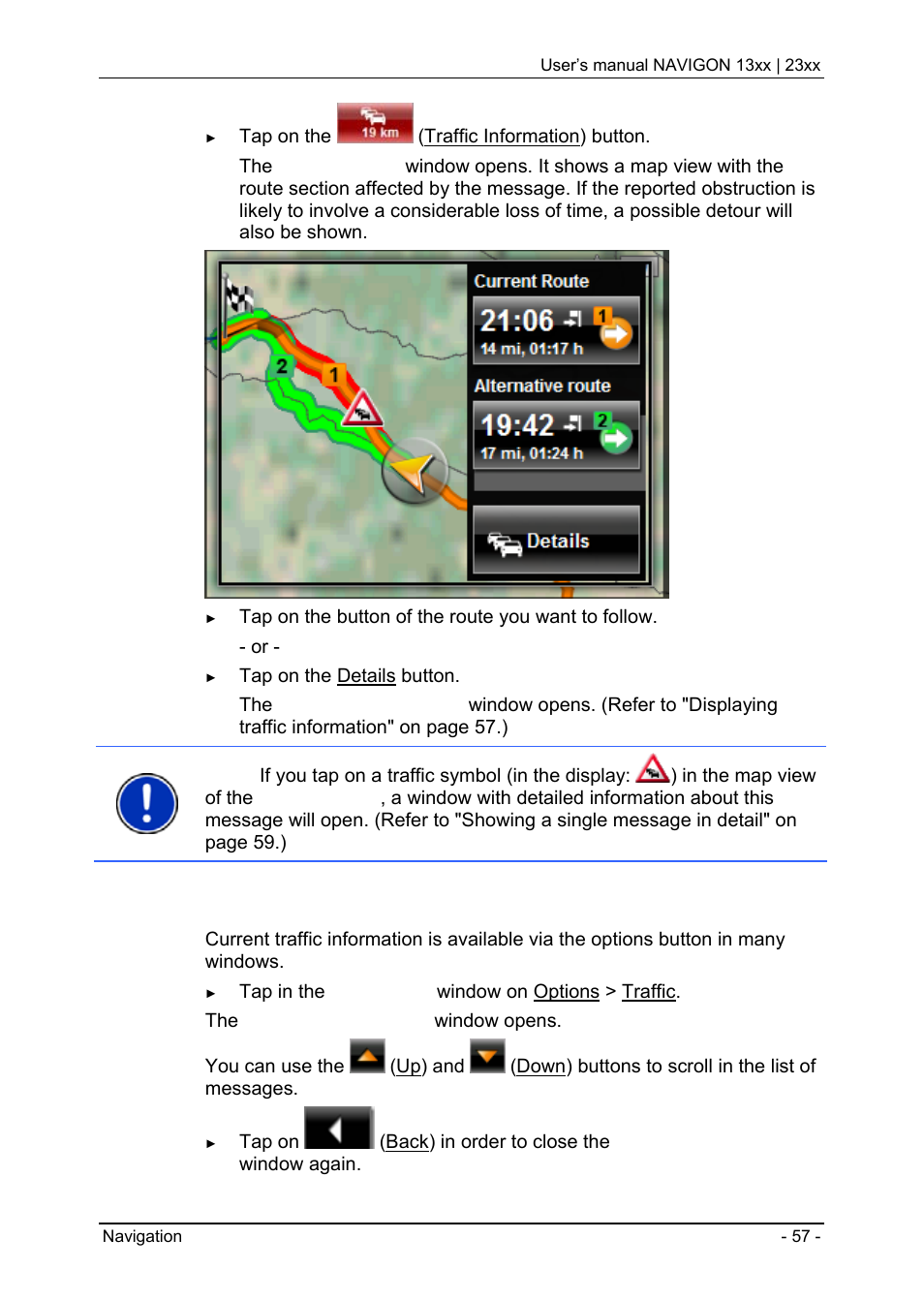 Displaying traffic information" on, Displaying traffic information | Navigon 13xx User Manual | Page 57 / 67