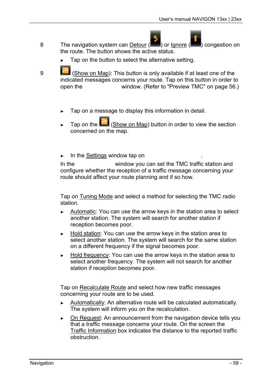 Showing a single message in detail" on, Showing a single message in detail, Tmc settings | Navigon 13xx User Manual | Page 59 / 67