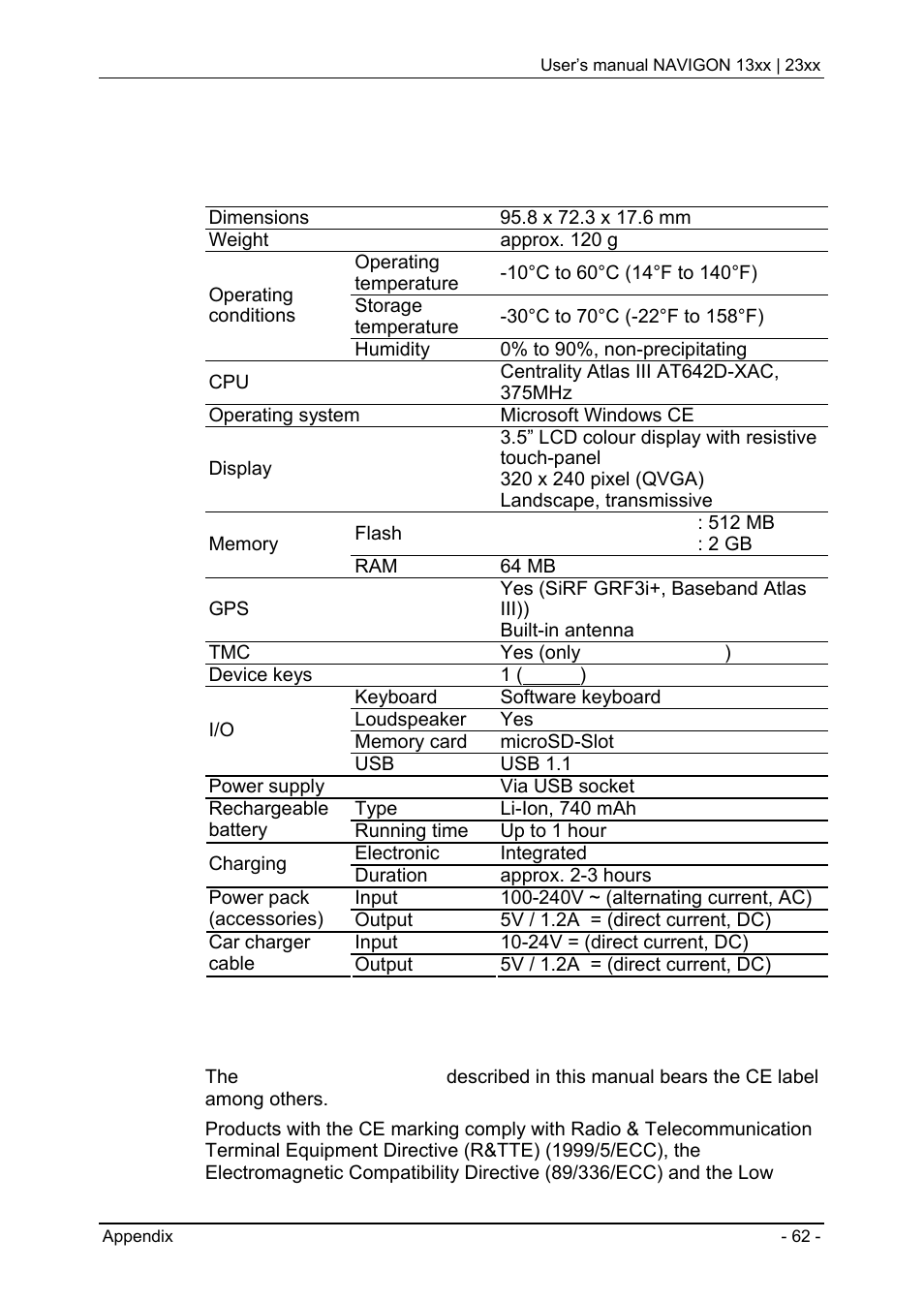 7 appendix, 1 technical data, 2 declaration of conformity | Appendix, Technical data, Declaration of conformity, 7appendix | Navigon 13xx User Manual | Page 62 / 67