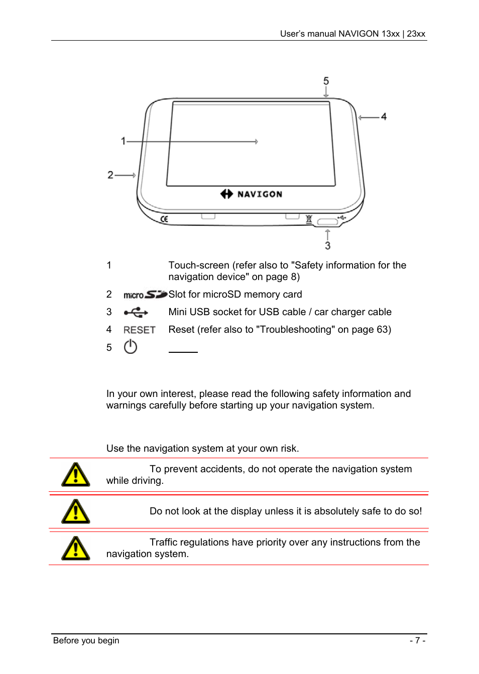 2 description of the navigon 13xx | 23xx, 3 important safety information, 1 navigation safety information | Description of the navigon 13xx | 23xx, Important safety information, Navigation safety information | Navigon 13xx User Manual | Page 7 / 67