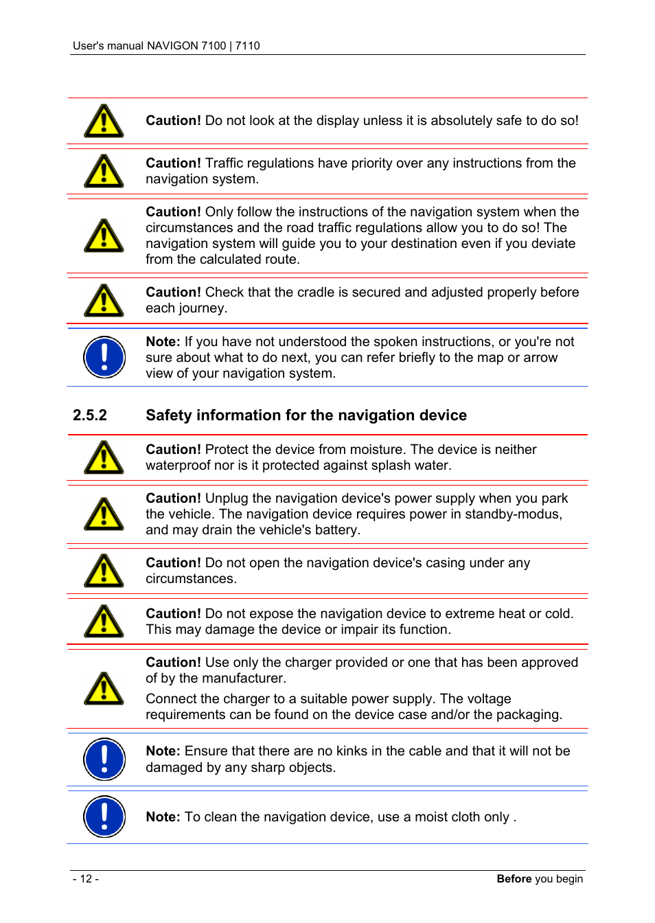 2 safety information for the navigation device, Safety information for the navigation device | Navigon 7110 User Manual | Page 12 / 60