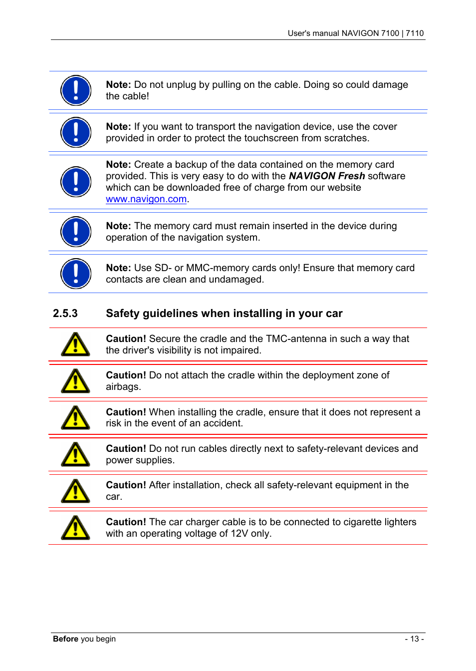 3 safety guidelines when installing in your car, Safety guidelines when installing in your car | Navigon 7110 User Manual | Page 13 / 60