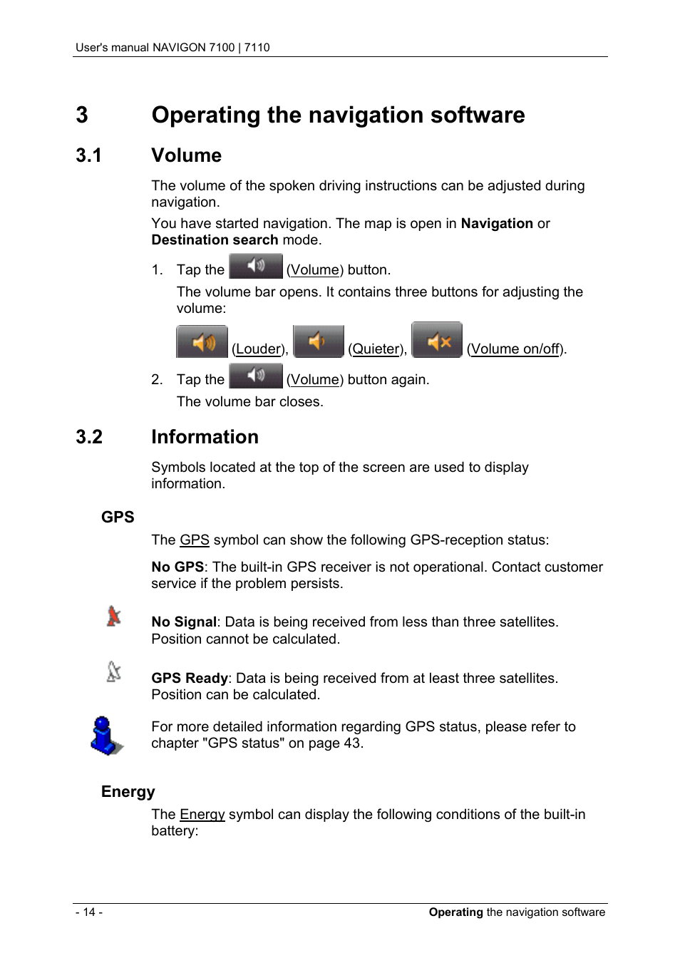 3 operating the navigation software, 1 volume, 2 information | Operating the navigation software, Volume, Information, 3operating the navigation software | Navigon 7110 User Manual | Page 14 / 60