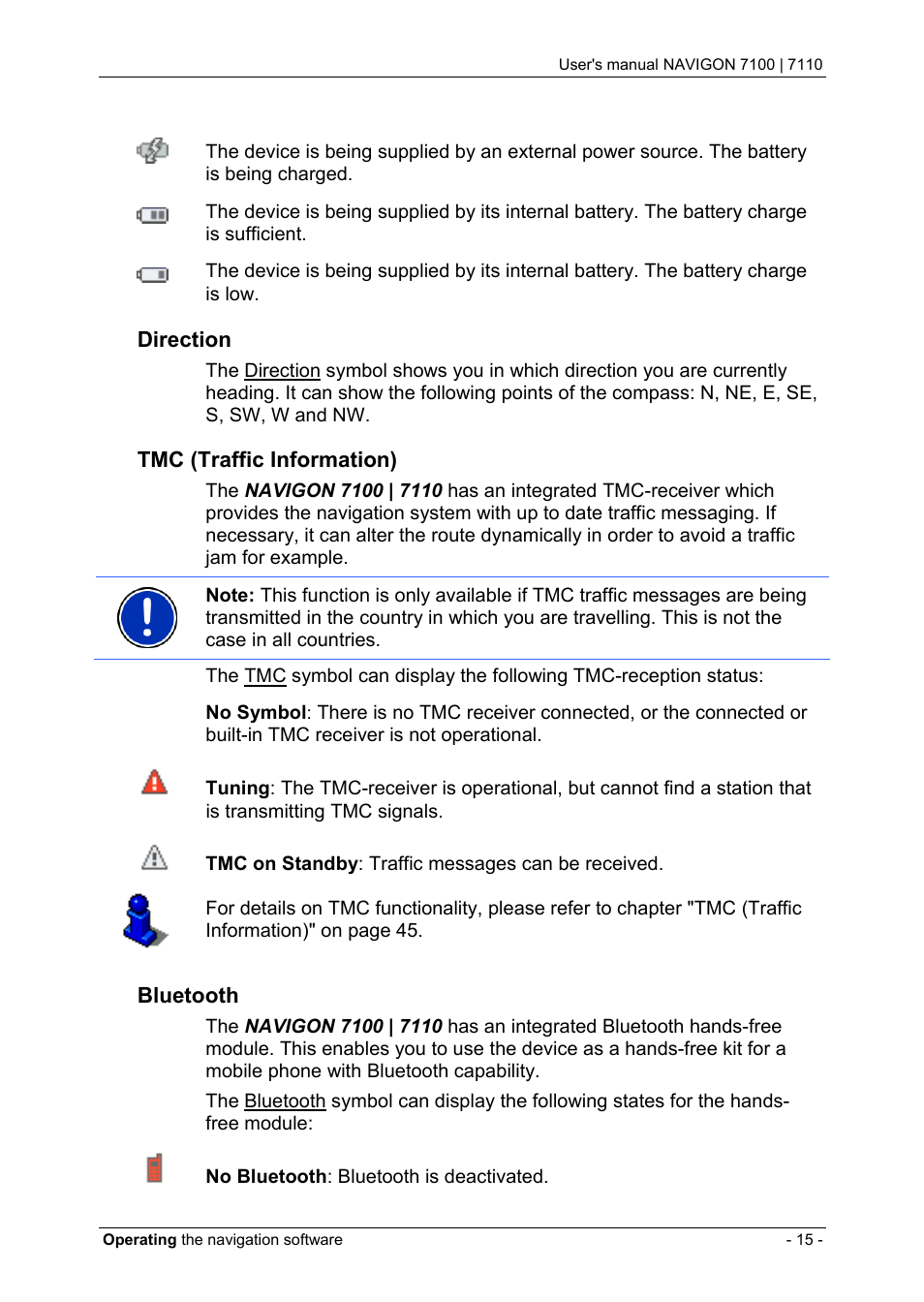 Direction, Tmc (traffic information), Bluetooth | Navigon 7110 User Manual | Page 15 / 60