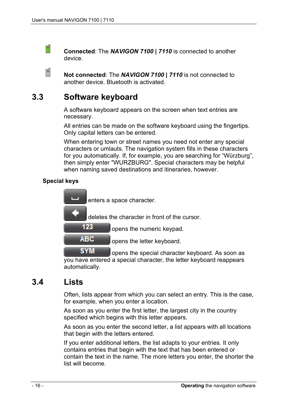 3 software keyboard, 4 lists, Software keyboard | Lists | Navigon 7110 User Manual | Page 16 / 60