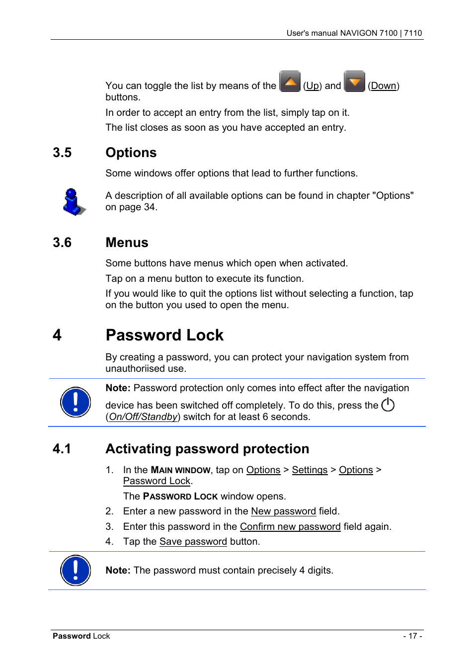 5 options, 6 menus, 4 password lock | 1 activating password protection, Options, Menus, Password lock, Activating password protection, 4password lock | Navigon 7110 User Manual | Page 17 / 60