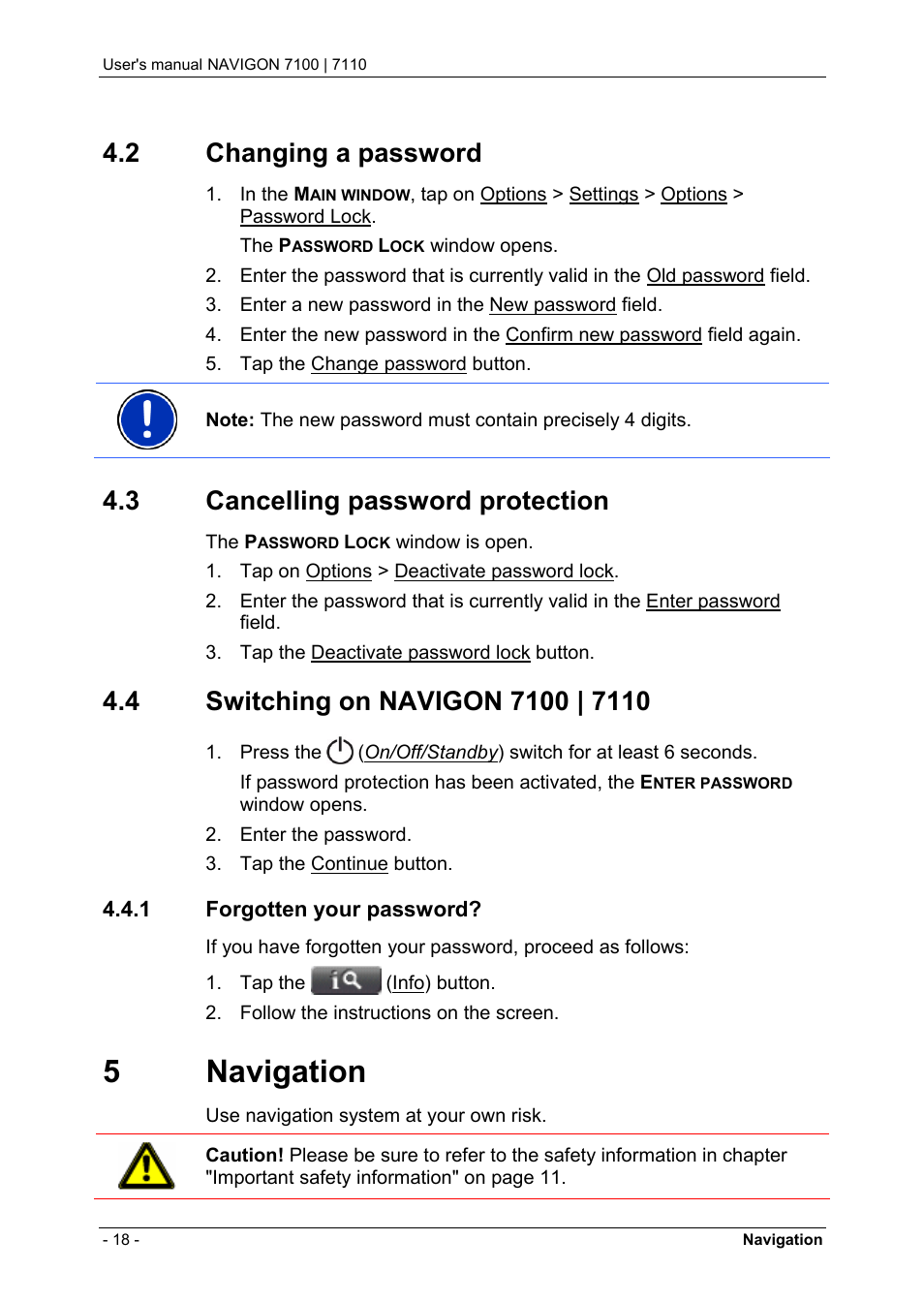 2 changing a password, 3 cancelling password protection, 4 switching on navigon 7100 | 7110 | 1 forgotten your password, 5 navigation, Changing a password, Cancelling password protection, Switching on navigon 7100 | 7110, Forgotten your password, Navigation | Navigon 7110 User Manual | Page 18 / 60