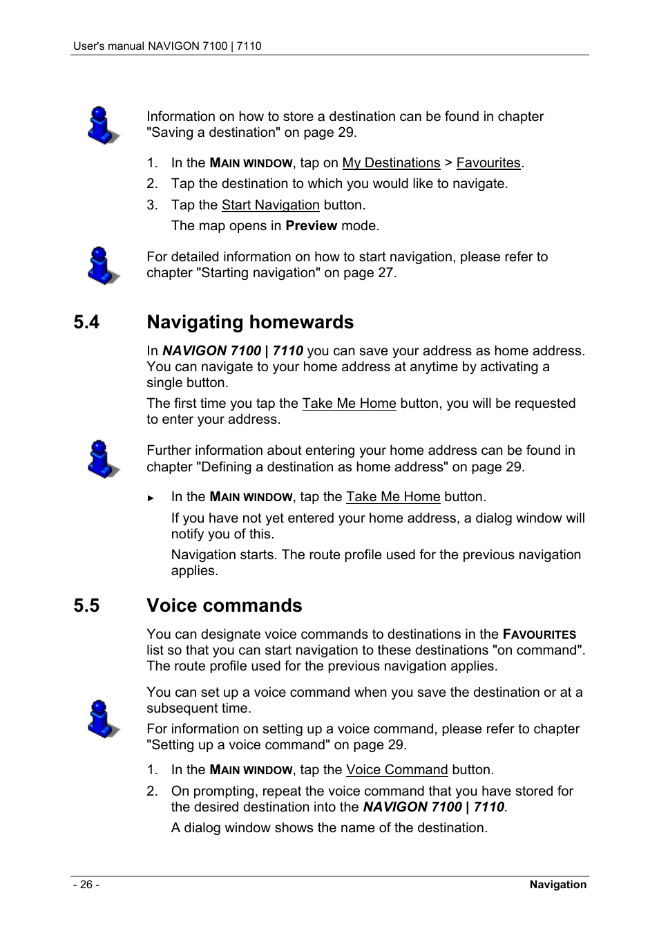 4 navigating homewards, 5 voice commands, Navigating homewards | Voice commands | Navigon 7110 User Manual | Page 26 / 60