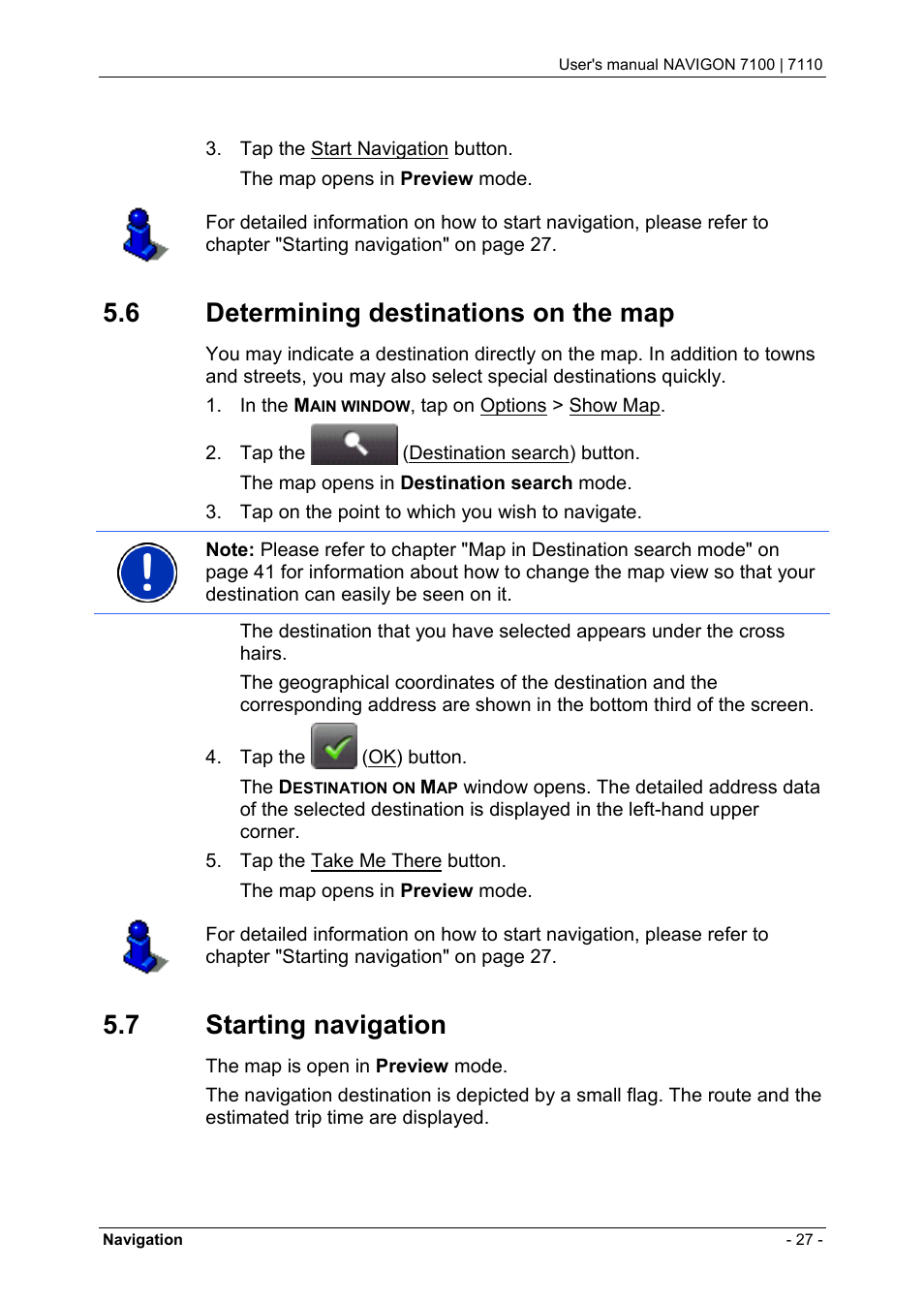 6 determining destinations on the map, 7 starting navigation, Determining destinations on the map | Starting navigation, Starting navigation" o, Chapter "starting navigation" on p | Navigon 7110 User Manual | Page 27 / 60