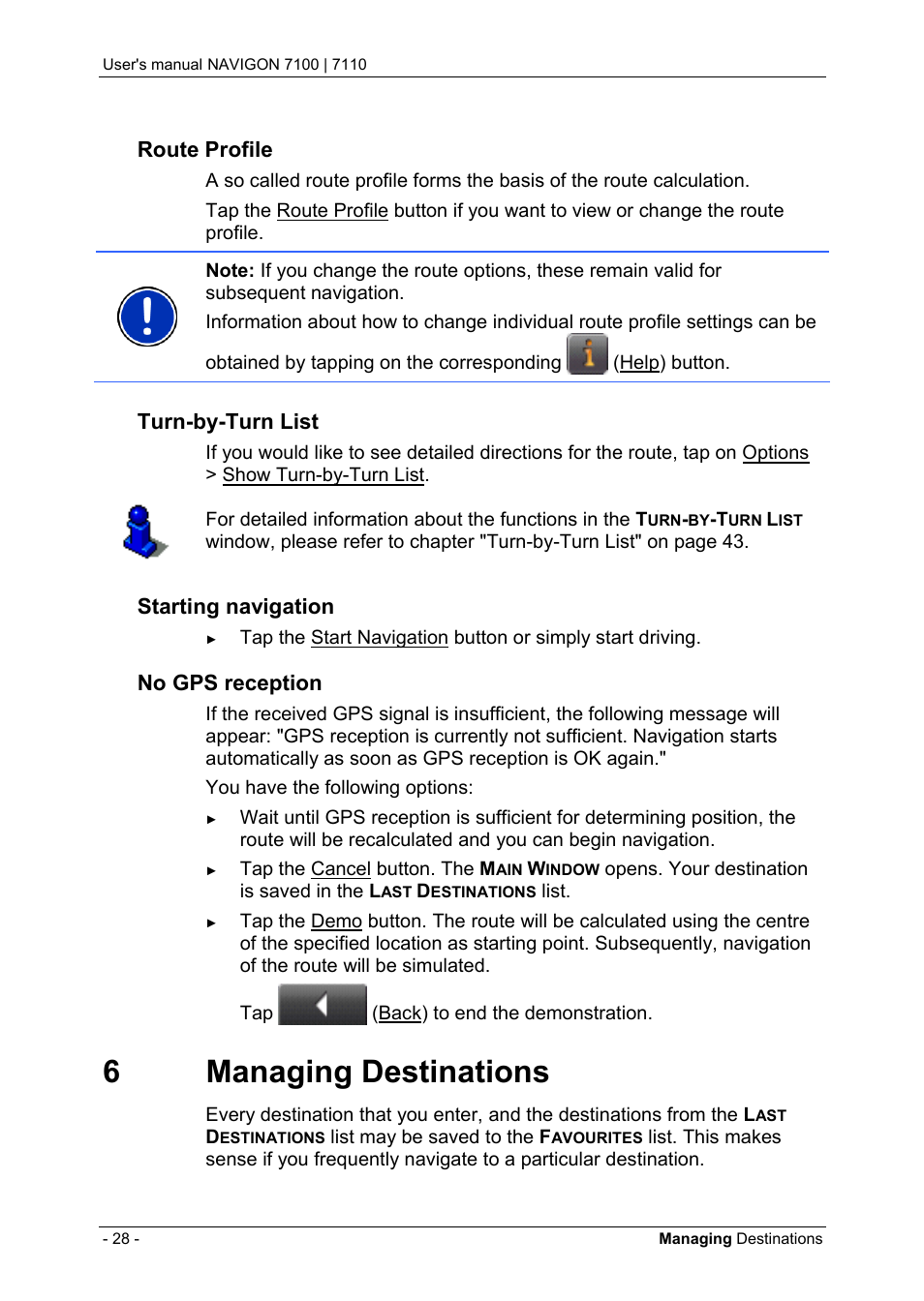 6 managing destinations, Managing destinations, Route profile | Turn-by-turn list, Starting navigation, No gps reception | Navigon 7110 User Manual | Page 28 / 60