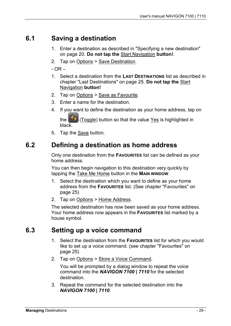 1 saving a destination, 2 defining a destination as home address, 3 setting up a voice command | Saving a destination, Defining a destination as home address, Setting up a voice command, Setting up a voice command" on | Navigon 7110 User Manual | Page 29 / 60