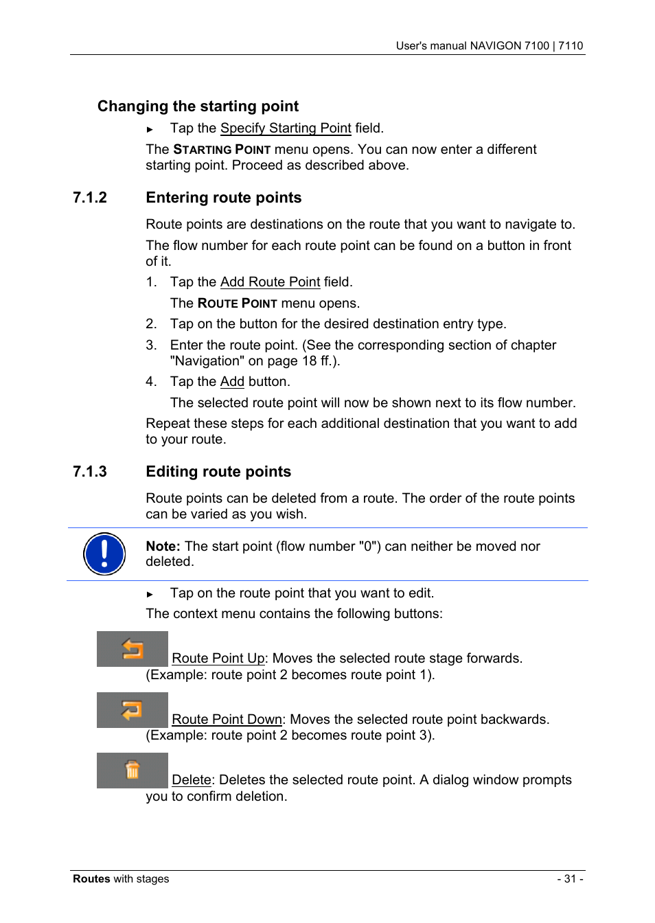 2 entering route points, 3 editing route points, Entering route points | Editing route points, Changing the starting point | Navigon 7110 User Manual | Page 31 / 60