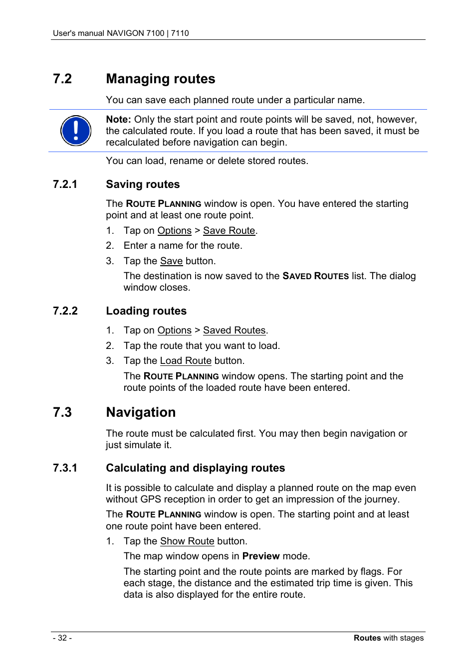 2 managing routes, 1 saving routes, 2 loading routes | 3 navigation, 1 calculating and displaying routes, Managing routes, Saving routes, Loading routes, Navigation, Calculating and displaying routes | Navigon 7110 User Manual | Page 32 / 60