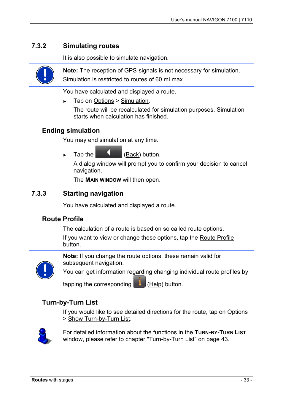 2 simulating routes, 3 starting navigation, Simulating routes | Starting navigation, Ending simulation, Route profile, Turn-by-turn list | Navigon 7110 User Manual | Page 33 / 60