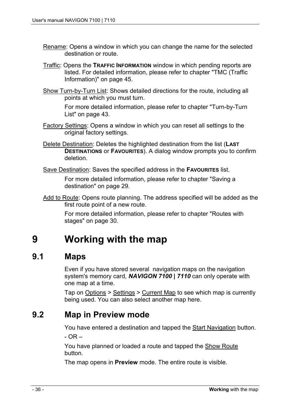 9 working with the map, 1 maps, 2 map in preview mode | Working with the map, Maps, Map in preview mode, 9working with the map | Navigon 7110 User Manual | Page 36 / 60
