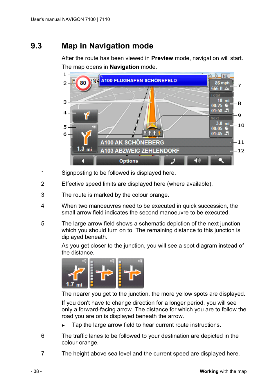 3 map in navigation mode, Map in navigation mode | Navigon 7110 User Manual | Page 38 / 60