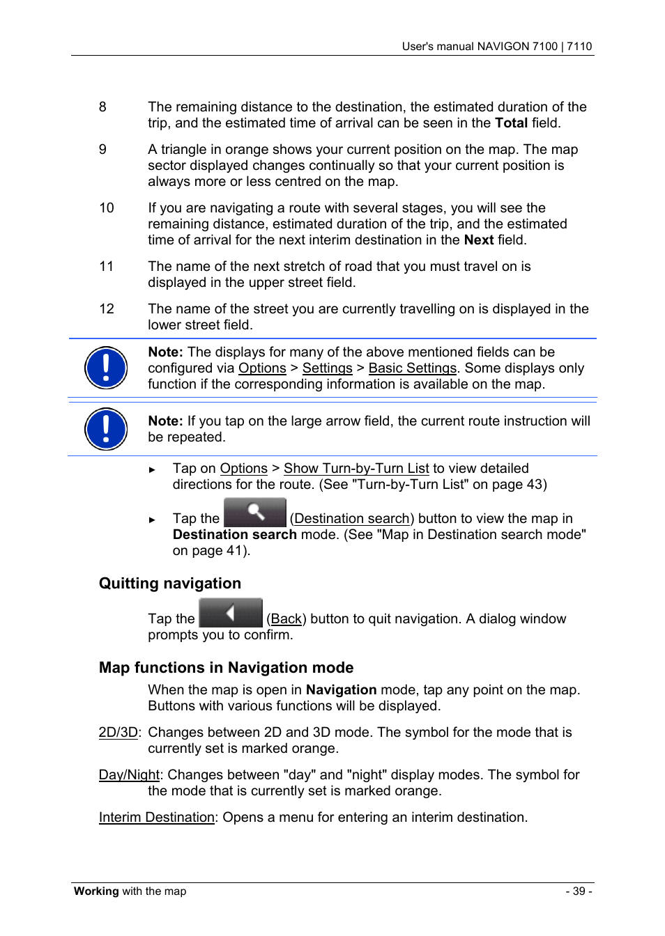 Quitting navigation, Map functions in navigation mode | Navigon 7110 User Manual | Page 39 / 60