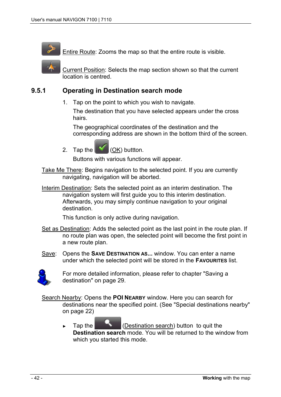 1 operating in destination search mode, Operating in destination search mode | Navigon 7110 User Manual | Page 42 / 60