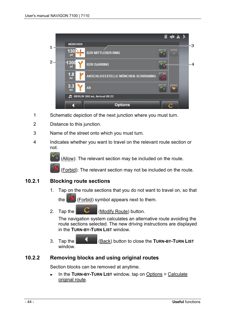 1 blocking route sections, 2 removing blocks and using original routes, Blocking route sections | Removing blocks and using original routes | Navigon 7110 User Manual | Page 44 / 60