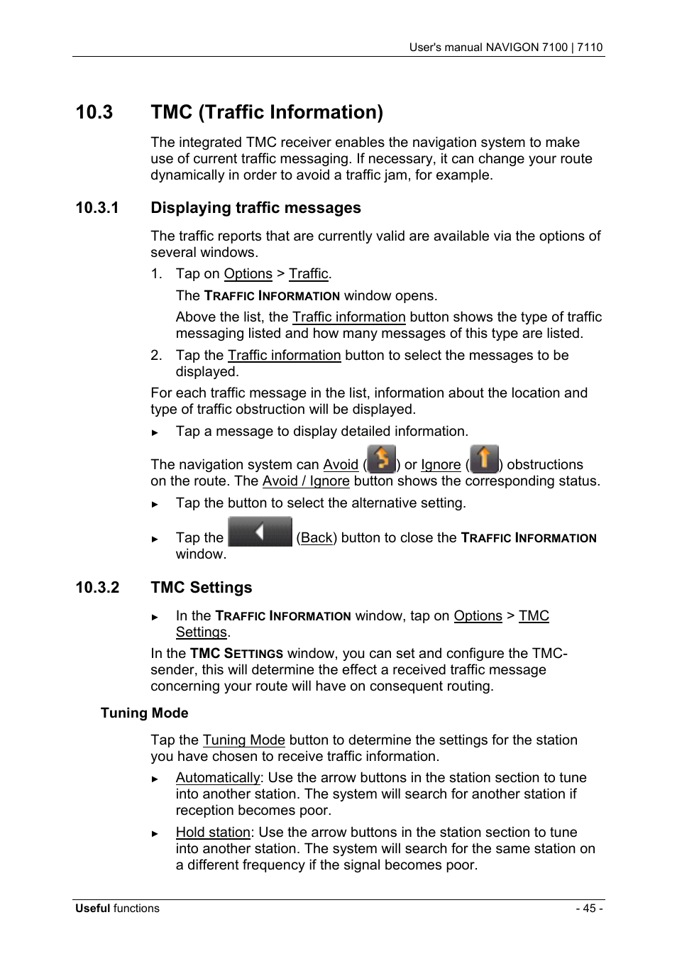 3 tmc (traffic information), 1 displaying traffic messages, 2 tmc settings | Tmc (traffic information), Displaying traffic messages, Tmc settings | Navigon 7110 User Manual | Page 45 / 60