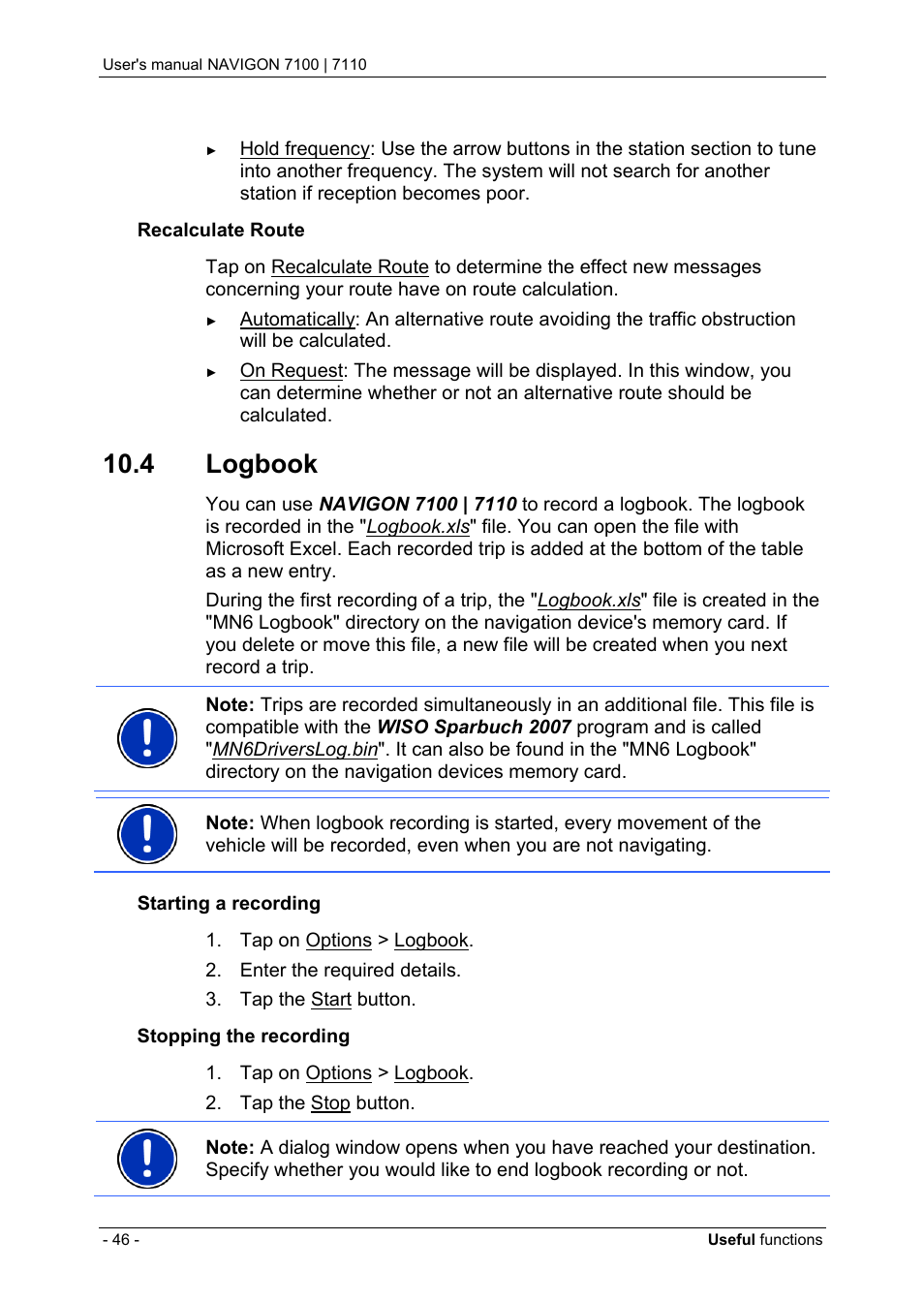 4 logbook, Logbook, Logbook" on pag | Navigon 7110 User Manual | Page 46 / 60